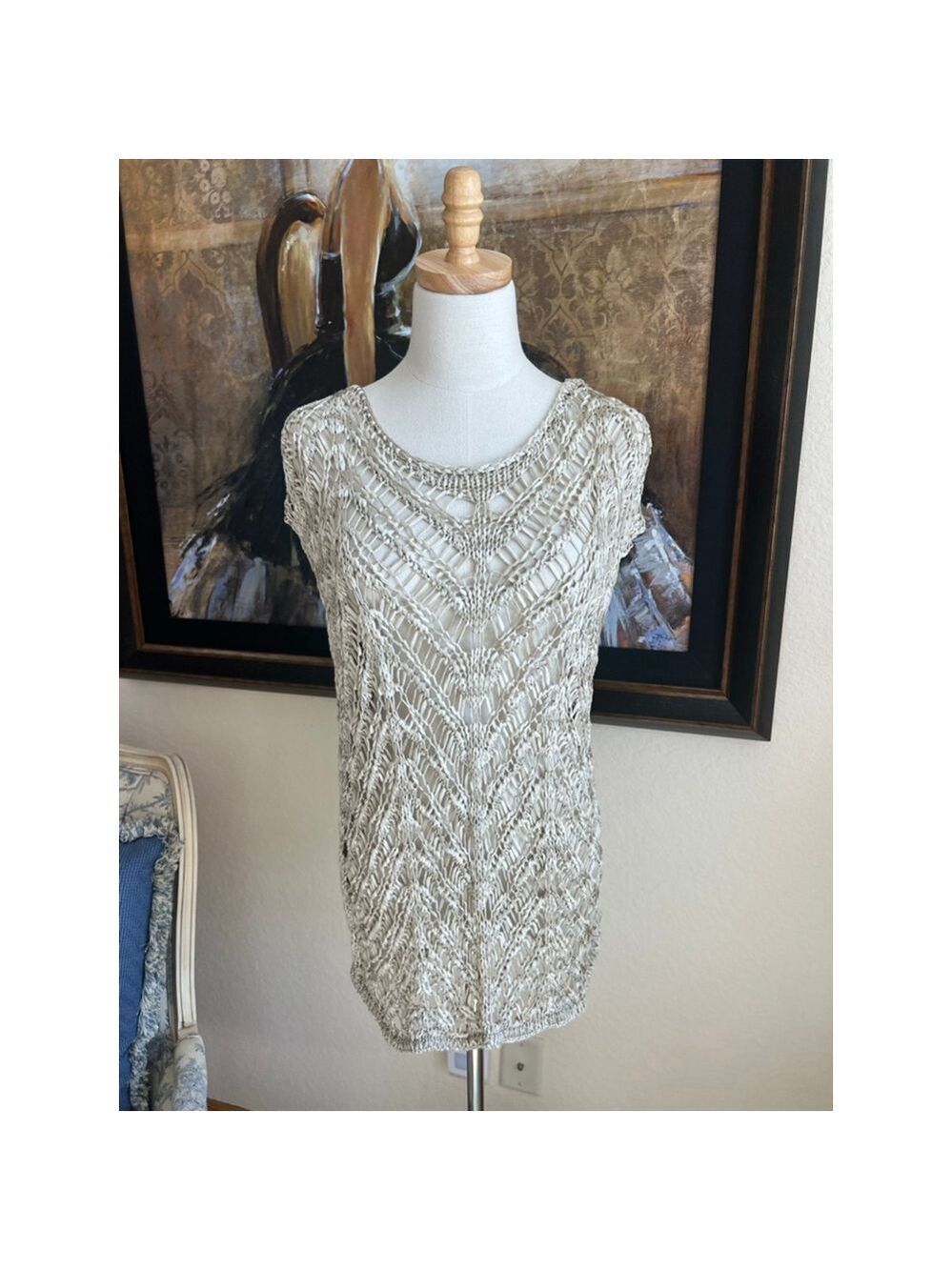 Eileen Fisher Tank Top L Beige Silver Knit